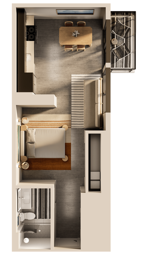 A top-down view of a small apartment with a kitchen, living room, and bathroom.